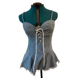 JW Signature Mini Dress Denim Corset Tie Sleeveless Dress Blue Fringed Sz Large